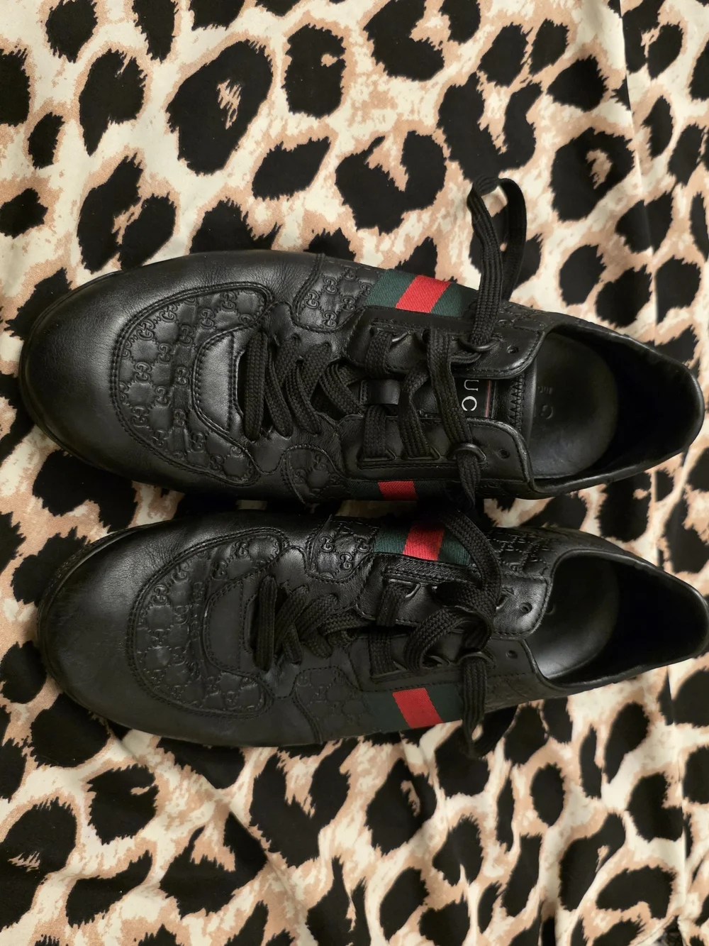 Gucci Black Leather Men's Sneakers with Red & Green Web Stripe